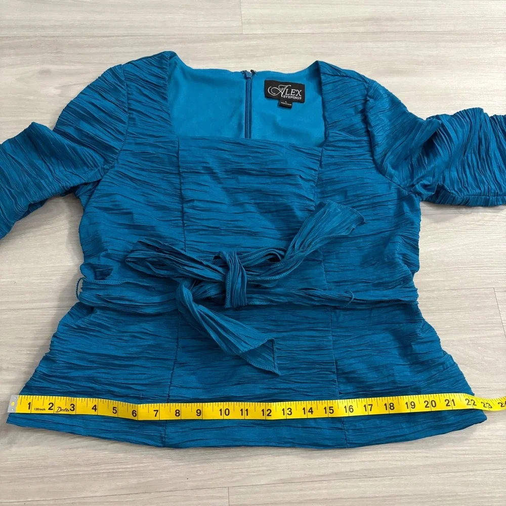 Alex Evenings Top Womens Teal Blue Textured Tie Waist Square Neck Blouse Top L - Picture 8 of 14